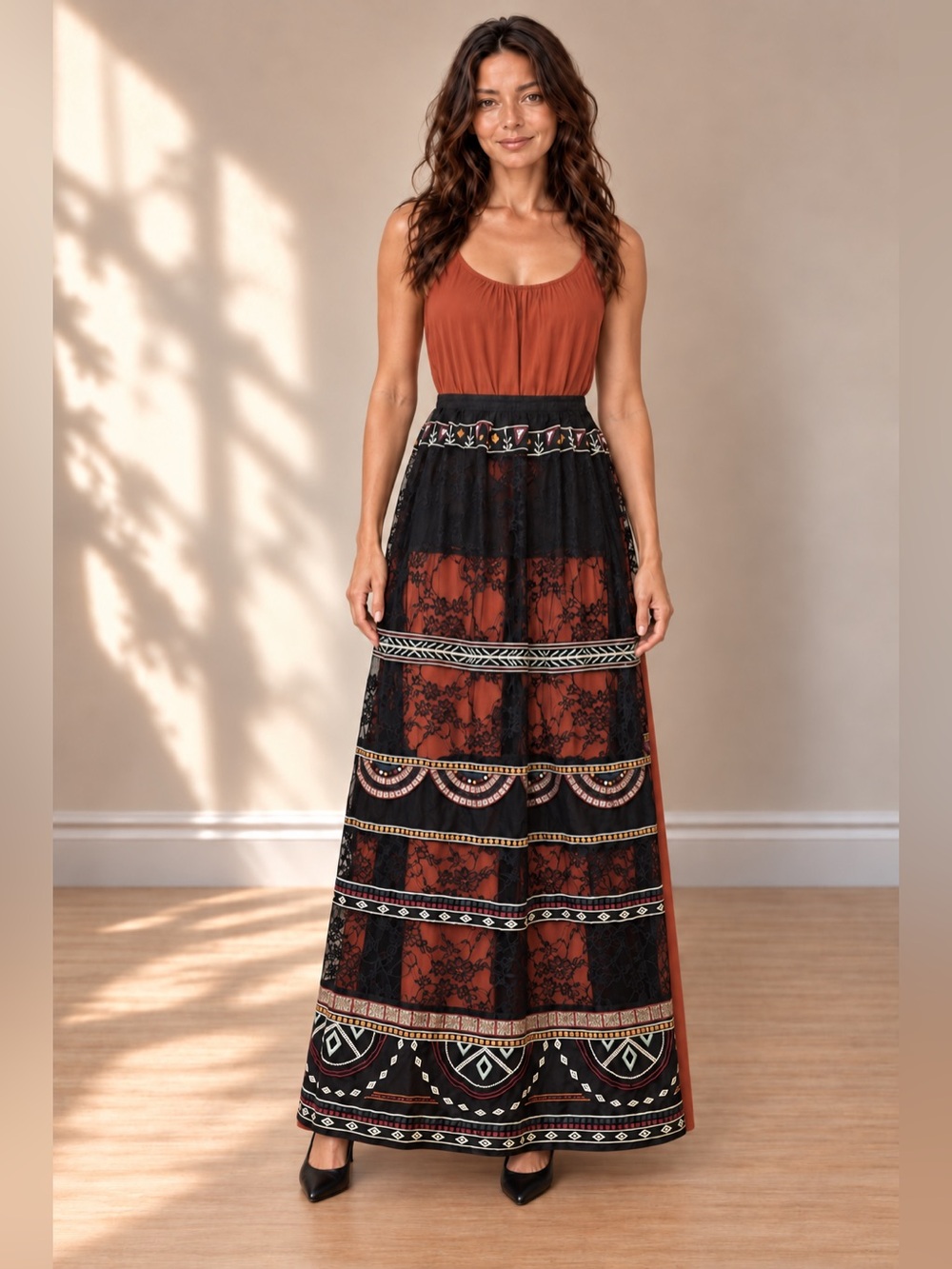 Statement Black Lace Embroidered Maxi Apron Overskirt Tie Waist